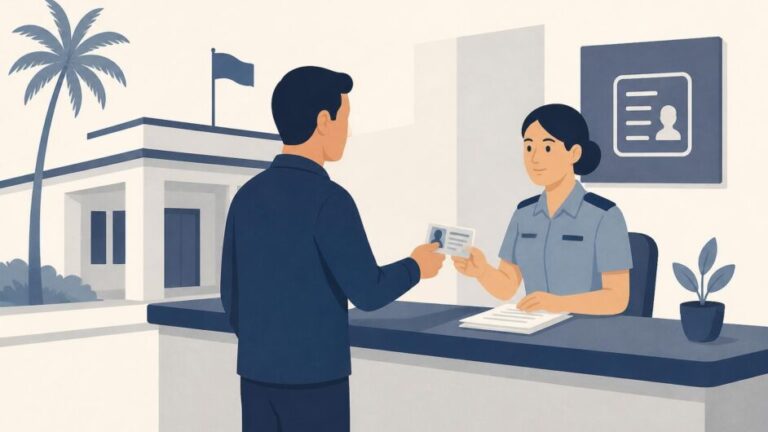 Persona entrega un documento a una funcionaria en una oficina pública de trámites.