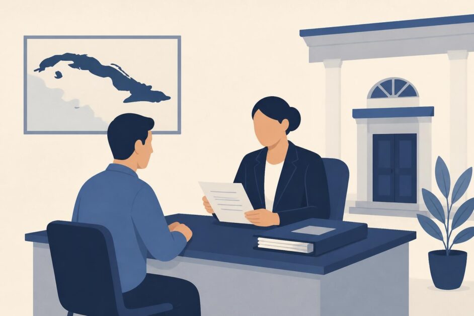 Persona entrega documentos a un profesional en una oficina de consultoría jurídica.