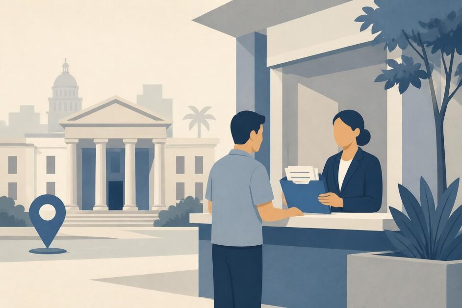 Persona consulta en un mostrador de una oficina territorial de Justicia.