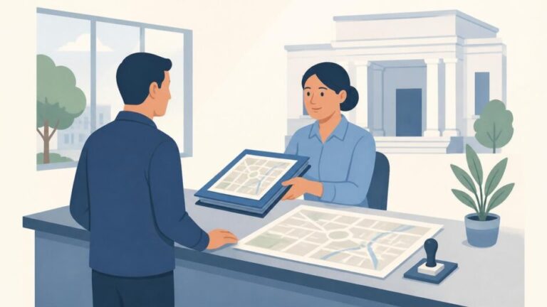 Persona consulta con una especialista en una oficina de ordenamiento territorial junto a un plano urbano.