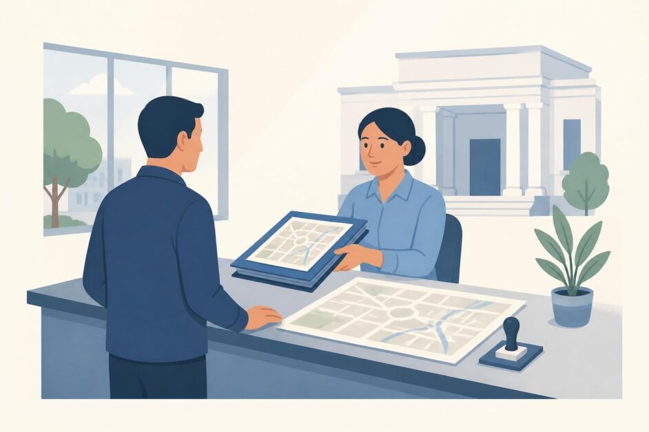 Persona consulta con una especialista en una oficina de ordenamiento territorial junto a un plano urbano.