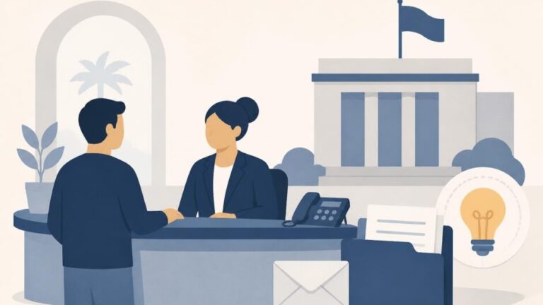 Persona consulta en una oficina pública sobre documentos de propiedad industrial.