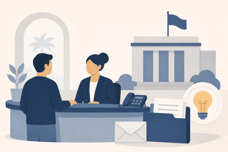 Persona consulta en una oficina pública sobre documentos de propiedad industrial.
