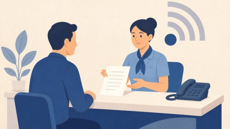 Persona atendida en un mostrador de telecomunicaciones con un teléfono fijo y un documento.