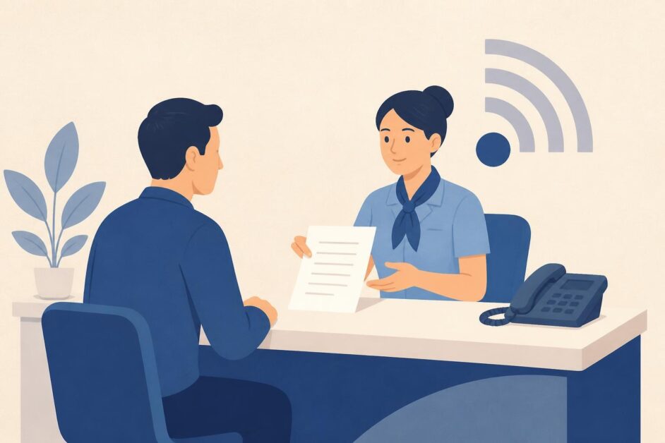 Persona atendida en un mostrador de telecomunicaciones con un teléfono fijo y un documento.