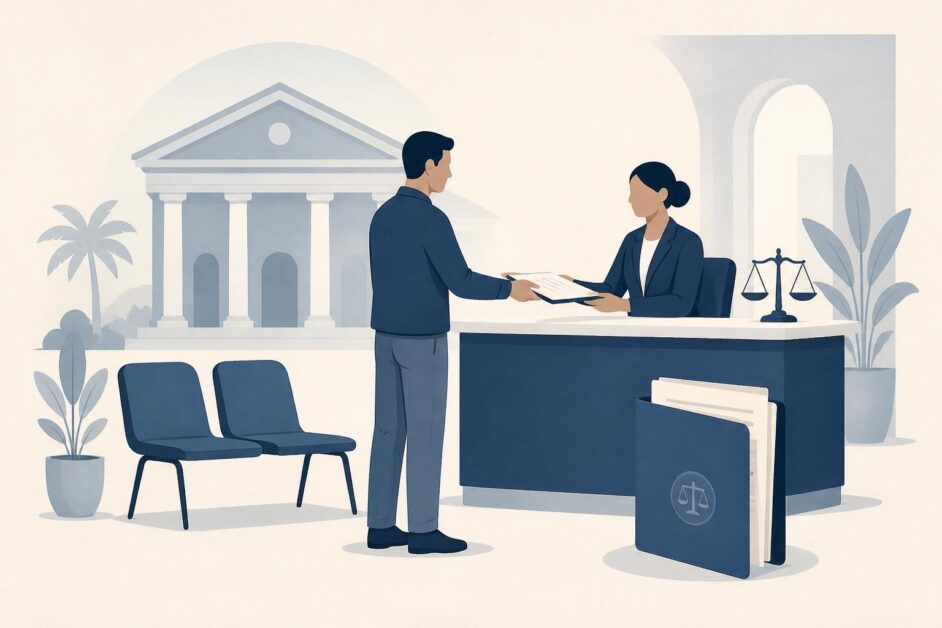 Persona entrega una carpeta a un funcionario en una oficina de tribunal municipal.