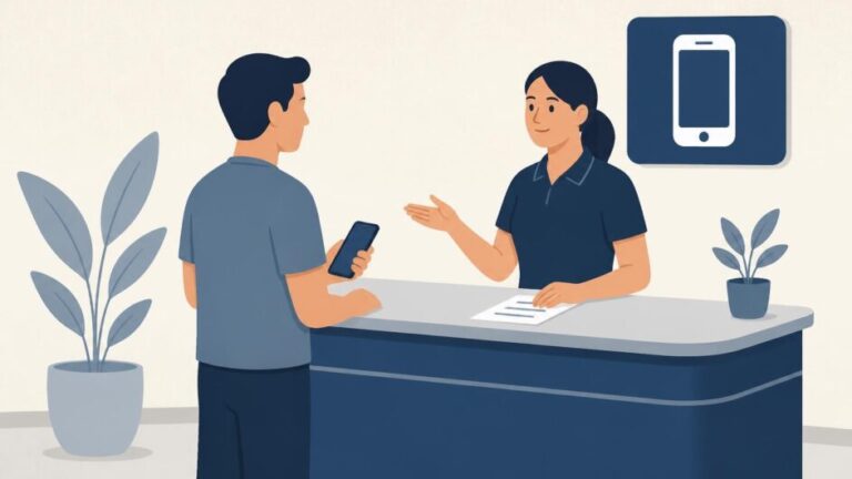 Persona consulta en un mostrador de atención de telefonía móvil.