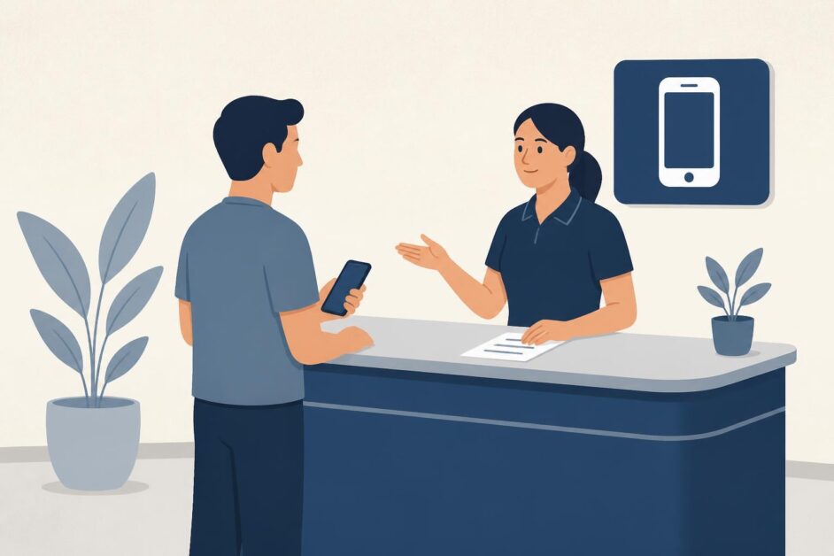 Persona consulta en un mostrador de atención de telefonía móvil.