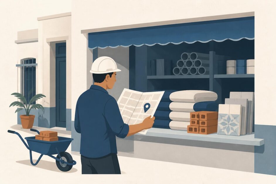 Persona con un plano frente a un mostrador de materiales de construcción, junto a sacos, cerámicas y una carretilla.