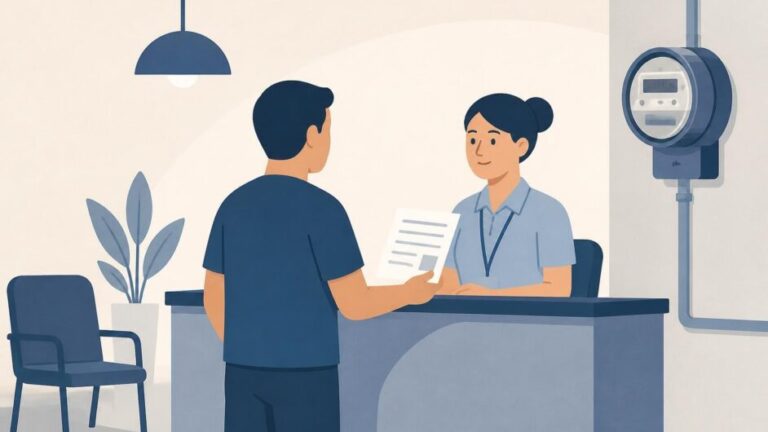 Persona atendida en una oficina comercial de electricidad junto a un medidor y un recibo.