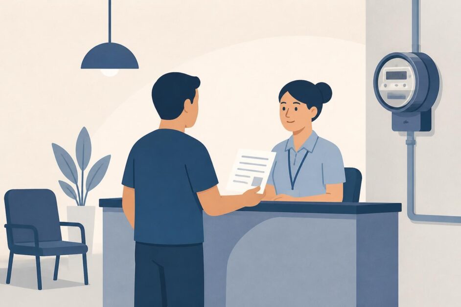 Persona atendida en una oficina comercial de electricidad junto a un medidor y un recibo.