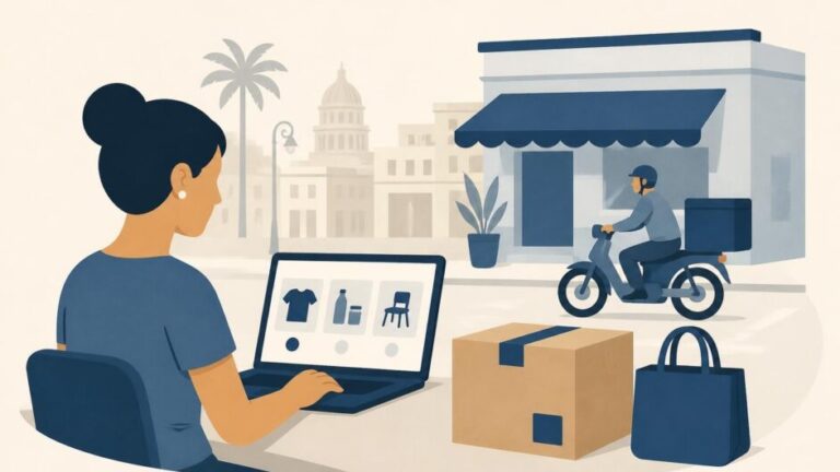Persona hace una compra en línea mientras un repartidor lleva una caja frente a una tienda urbana.