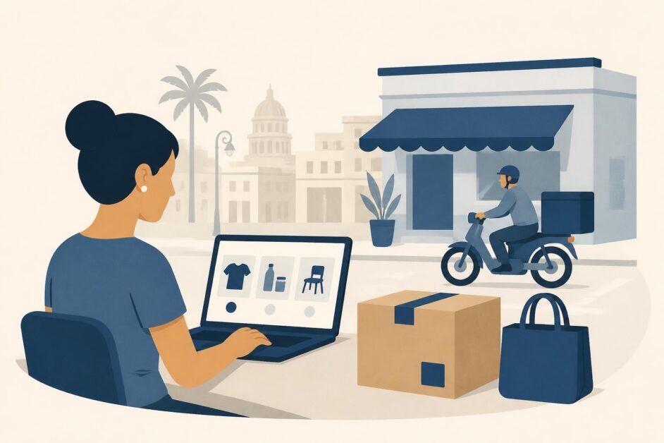 Persona hace una compra en línea mientras un repartidor lleva una caja frente a una tienda urbana.