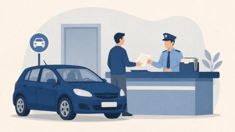 Persona realiza una gestión de registro junto a un automóvil en una oficina de tránsito.