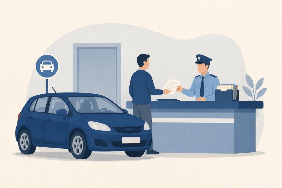 Persona realiza una gestión de registro junto a un automóvil en una oficina de tránsito.