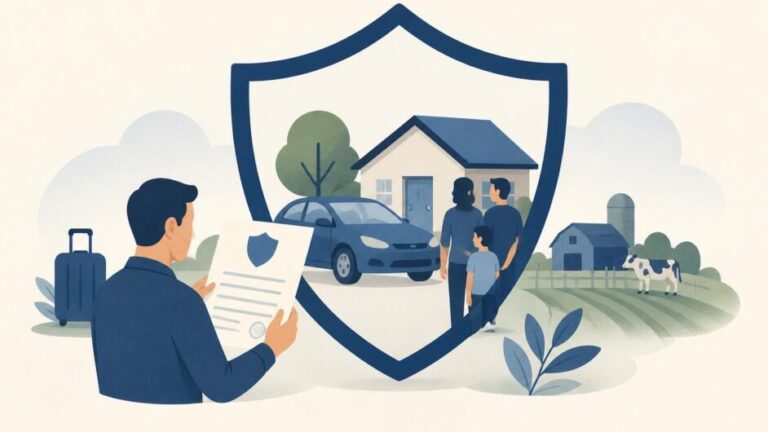 Persona revisando una póliza junto a un automóvil, una vivienda y un escudo de protección.