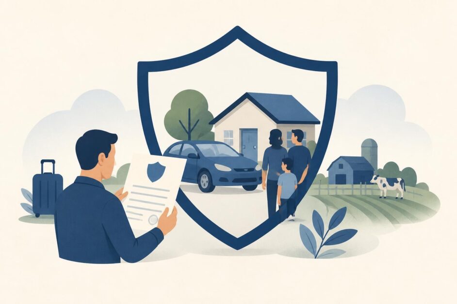 Persona revisando una póliza junto a un automóvil, una vivienda y un escudo de protección.