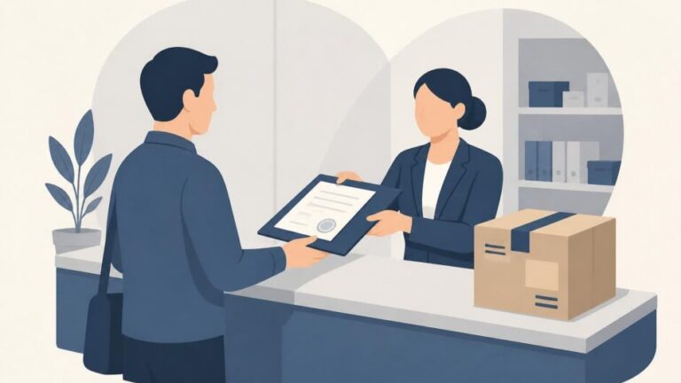 Persona y empleado formalizan un contrato junto a una caja de importación en una oficina.