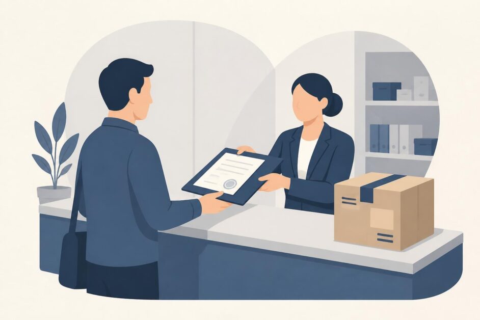 Persona y empleado formalizan un contrato junto a una caja de importación en una oficina.