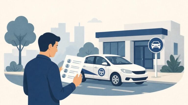 Persona consultando contactos frente a una escuela de conducción con un automóvil de práctica y una señal vial.