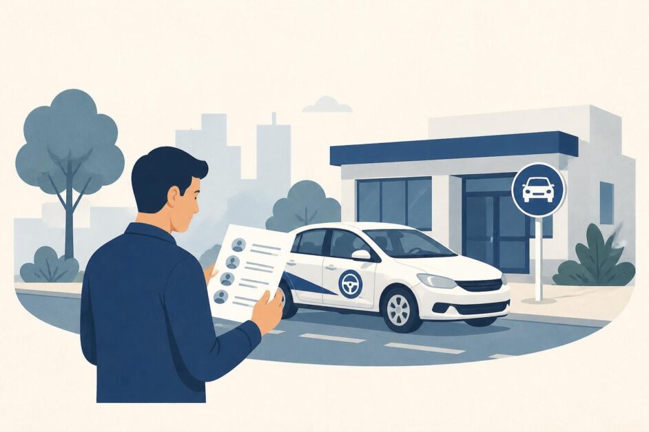 Persona consultando contactos frente a una escuela de conducción con un automóvil de práctica y una señal vial.