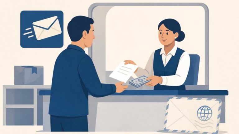 Persona recibe el pago de un giro internacional en el mostrador de una oficina de correos.