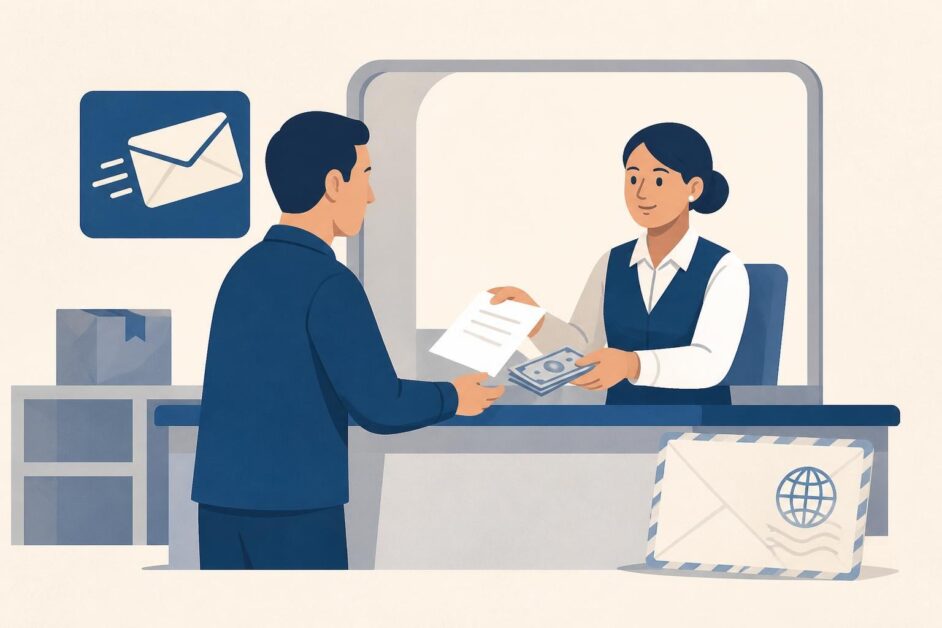 Persona recibe el pago de un giro internacional en el mostrador de una oficina de correos.