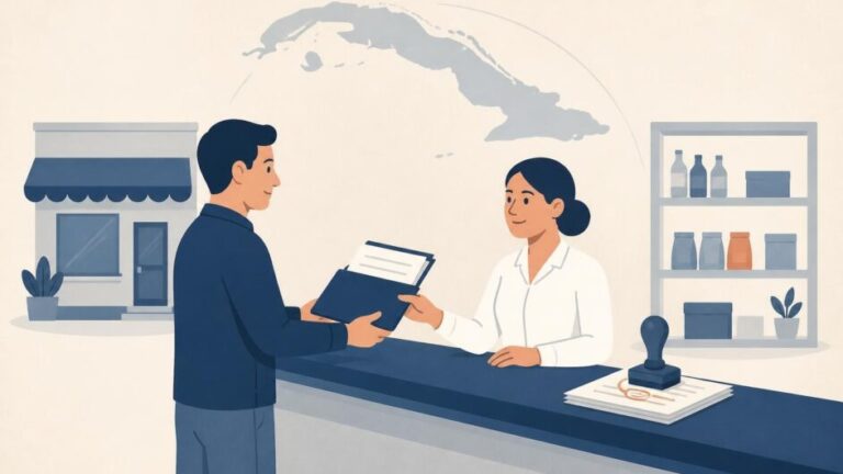 Persona presenta documentos en una oficina para registrar un establecimiento comercial.