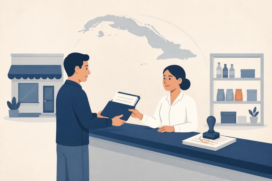 Persona presenta documentos en una oficina para registrar un establecimiento comercial.
