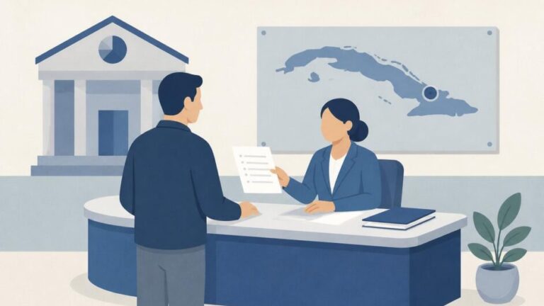 Persona consulta en un mostrador de una oficina tributaria con un mapa estilizado de Cuba al fondo.