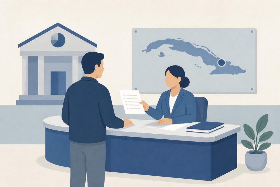 Persona consulta en un mostrador de una oficina tributaria con un mapa estilizado de Cuba al fondo.