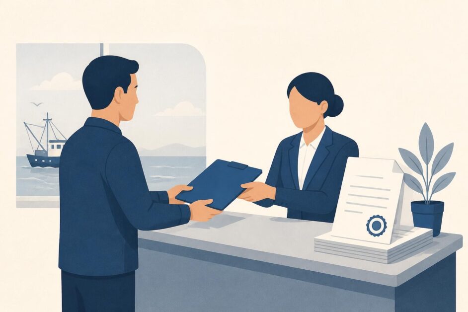 Persona entrega documentos a una funcionaria en una oficina, con una embarcación pesquera al fondo.