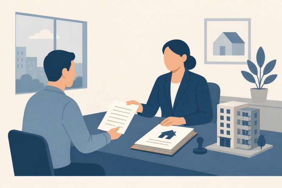 Persona entrega documentos a un funcionario en una oficina de vivienda con una maqueta de edificio.