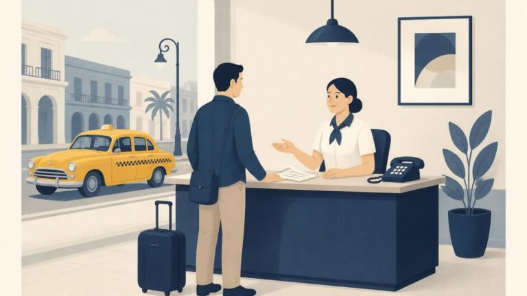 Persona conversa con un empleado en una oficina comercial de taxi junto a una maleta y un automóvil al fondo.