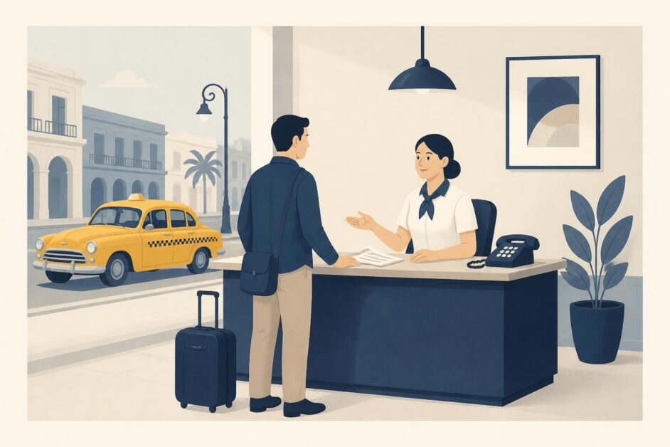 Persona conversa con un empleado en una oficina comercial de taxi junto a una maleta y un automóvil al fondo.