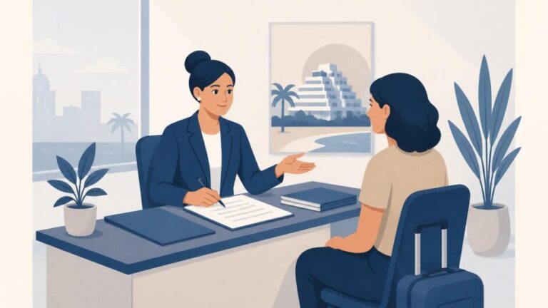 Trabajadora de oficina orienta a una persona sobre empleo en el sector turístico.