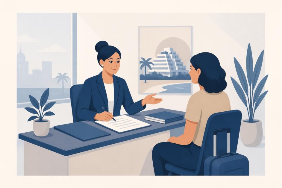 Trabajadora de oficina orienta a una persona sobre empleo en el sector turístico.