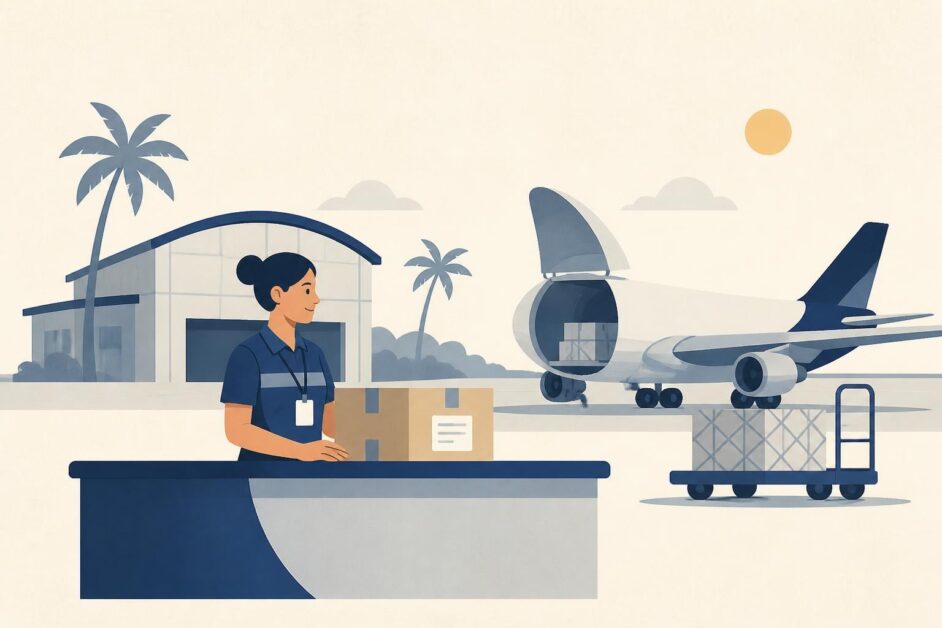 Trabajadora en una terminal de carga aérea junto a una caja y un avión de carga.