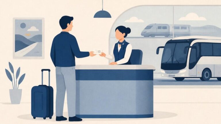 Persona compra un boleto en una agencia de viajes con un autobús y una maleta al fondo.