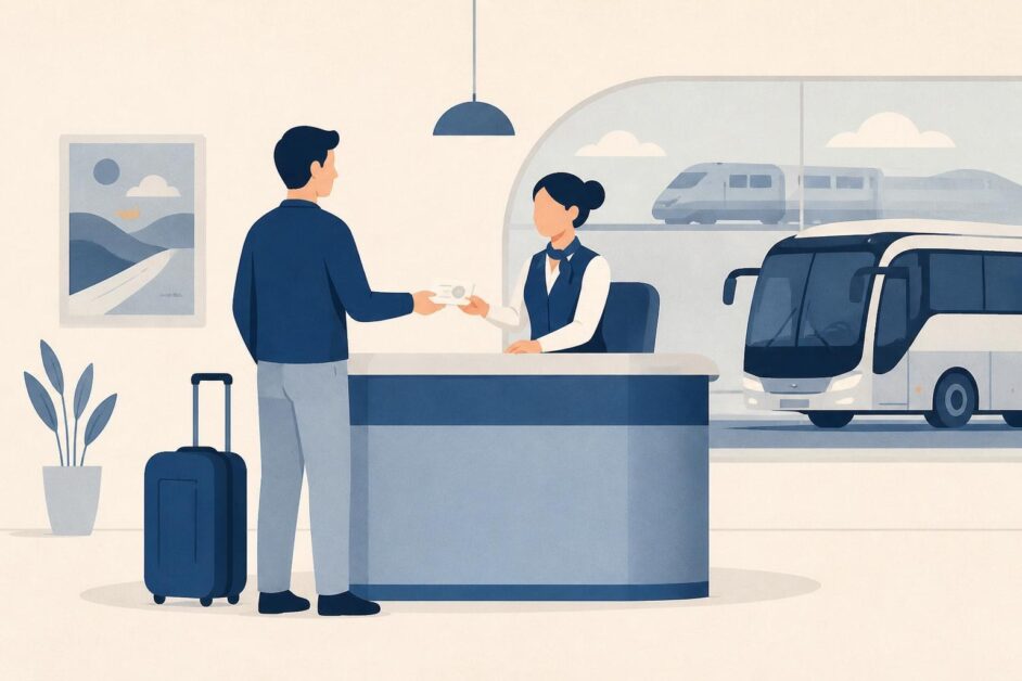 Persona compra un boleto en una agencia de viajes con un autobús y una maleta al fondo.