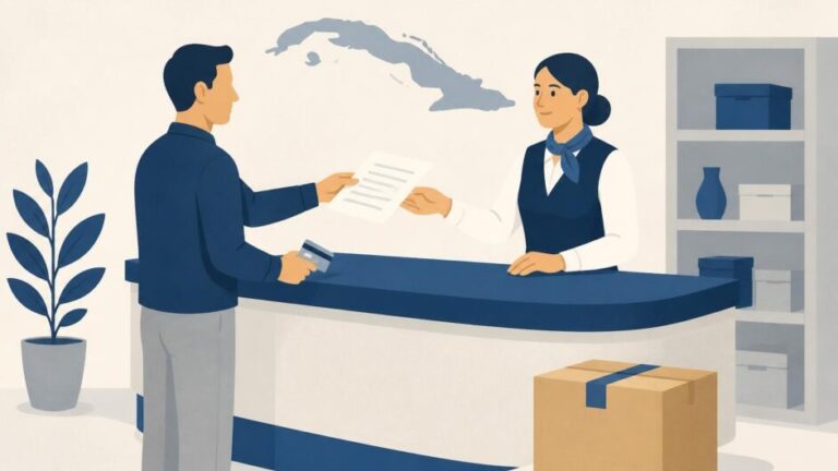 Persona atendida en un mostrador comercial para gestionar una importación y pagar con tarjeta magnética.