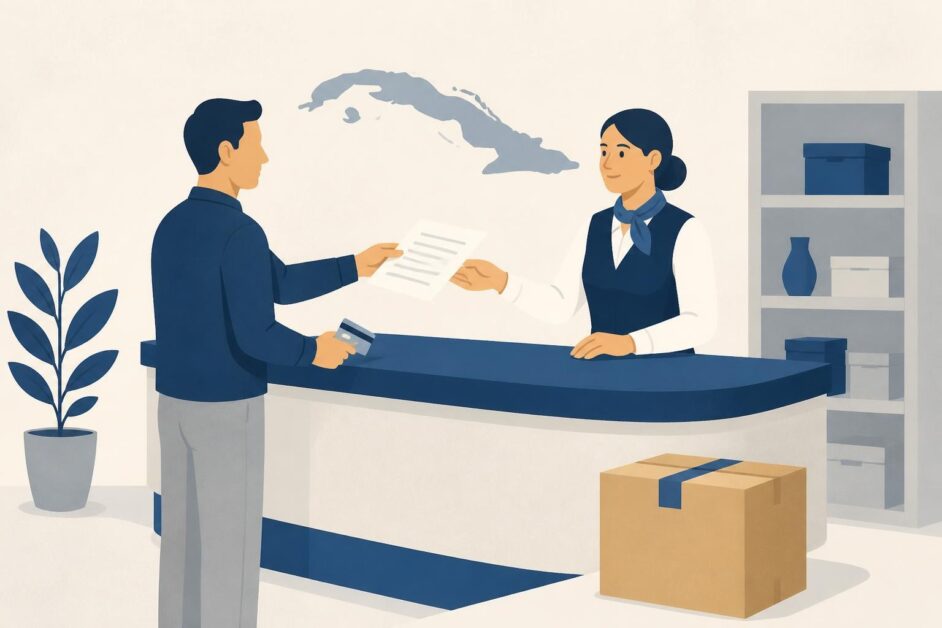 Persona atendida en un mostrador comercial para gestionar una importación y pagar con tarjeta magnética.