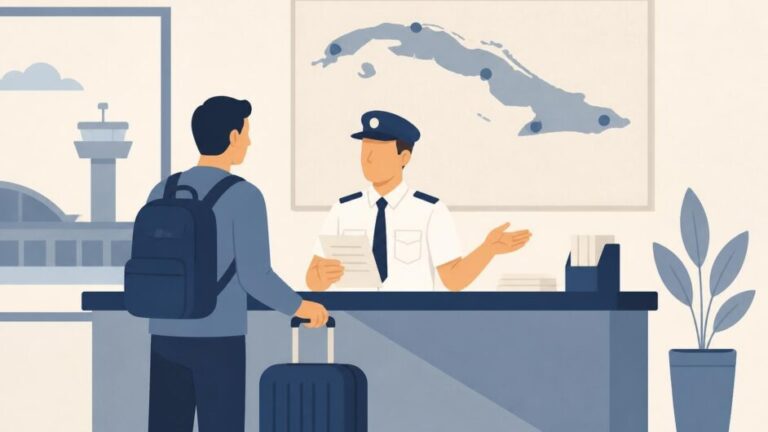 Persona viajera consulta a un agente aduanero en una oficina con un mapa de Cuba y equipaje.