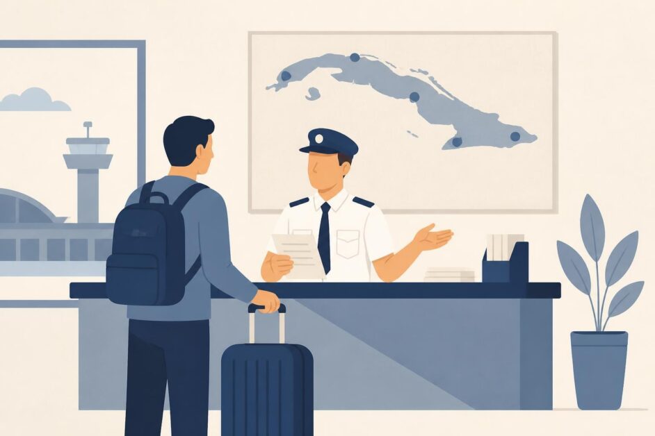Persona viajera consulta a un agente aduanero en una oficina con un mapa de Cuba y equipaje.