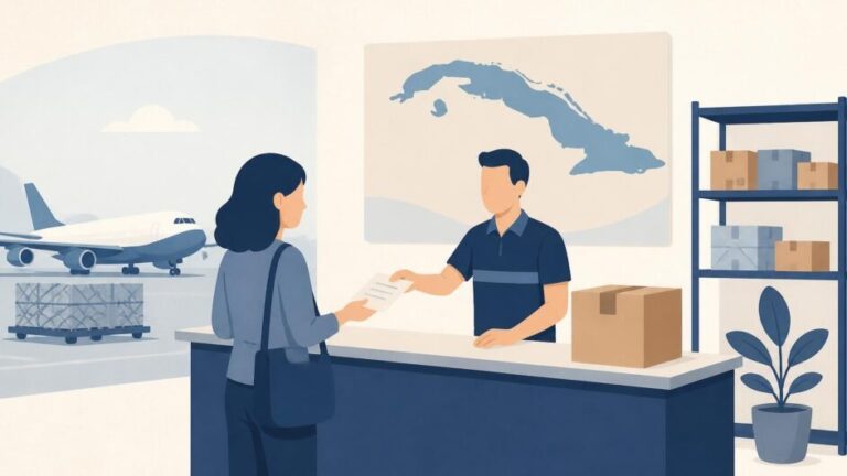 Persona consulta un paquete internacional en un mostrador de una agencia de carga.