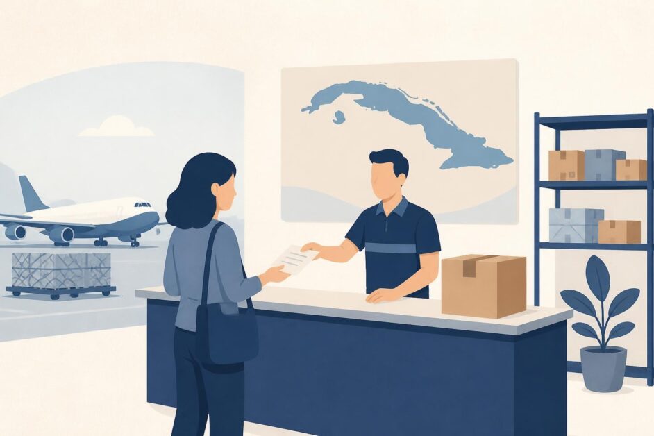 Persona consulta un paquete internacional en un mostrador de una agencia de carga.