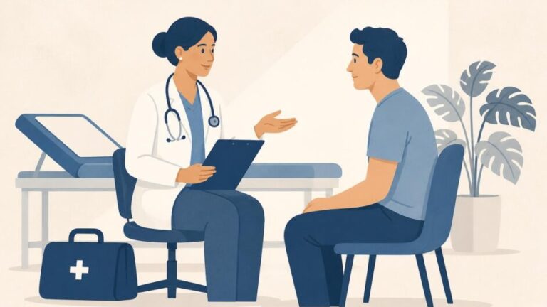 Profesional de salud atiende a una persona extranjera en una consulta médica cubana.