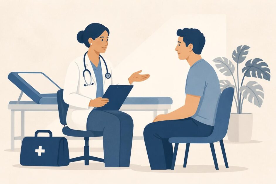Profesional de salud atiende a una persona extranjera en una consulta médica cubana.