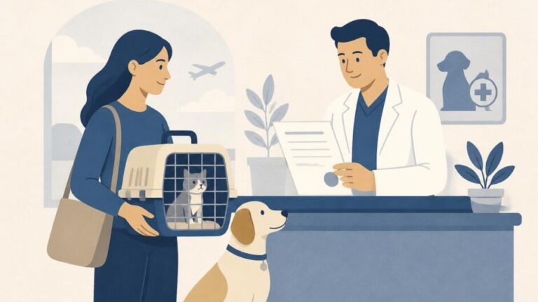 Persona con un perro y un gato entrega un certificado a un veterinario en una oficina sanitaria.