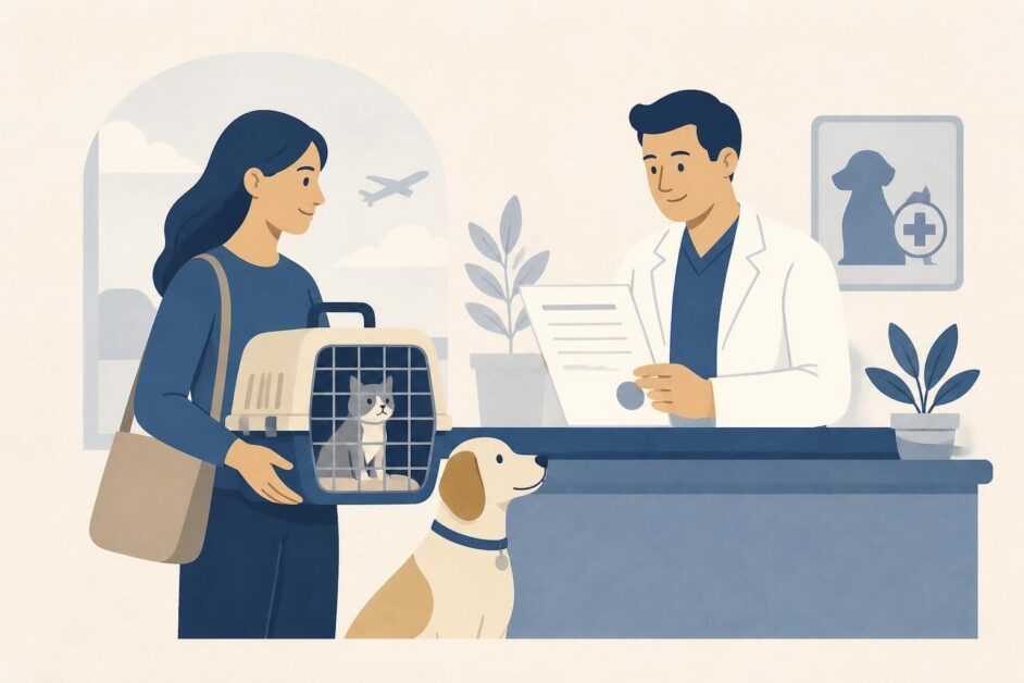 Persona con un perro y un gato entrega un certificado a un veterinario en una oficina sanitaria.